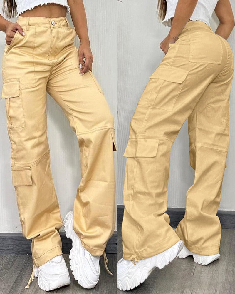 Pocket Design Button Front Cargo Pants Casual High Waisted Cuffed Pants