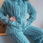 2PCS Jacquard Textured Stand Collar Zip Up Fuzzy Teddy Top & Pants Set