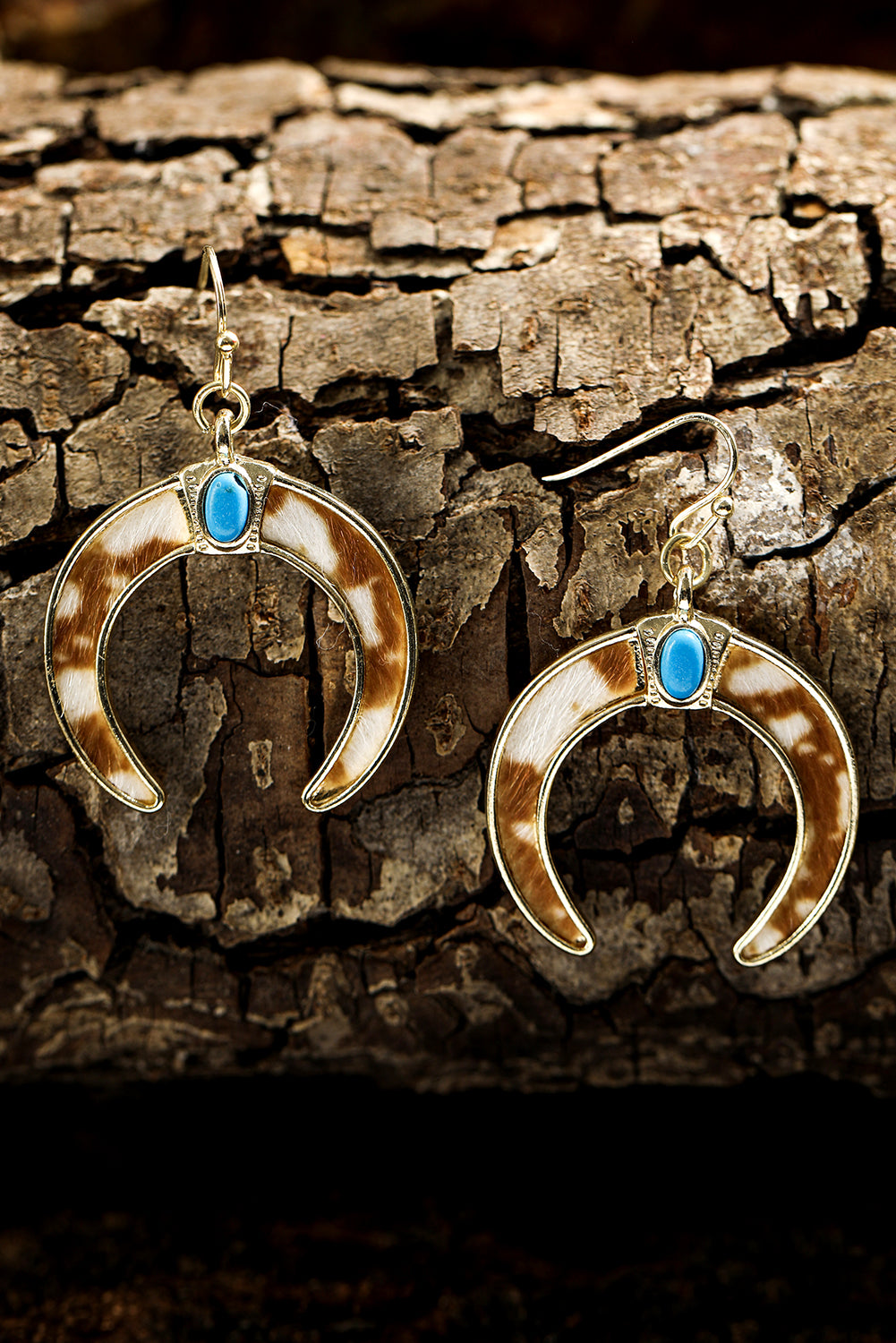 Chestnut Cow Print Turquoise Inlay Crescent Shaped Dangle Earrings