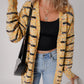 Beige Striped Pom Pom Knit Open Front Long Cardigan