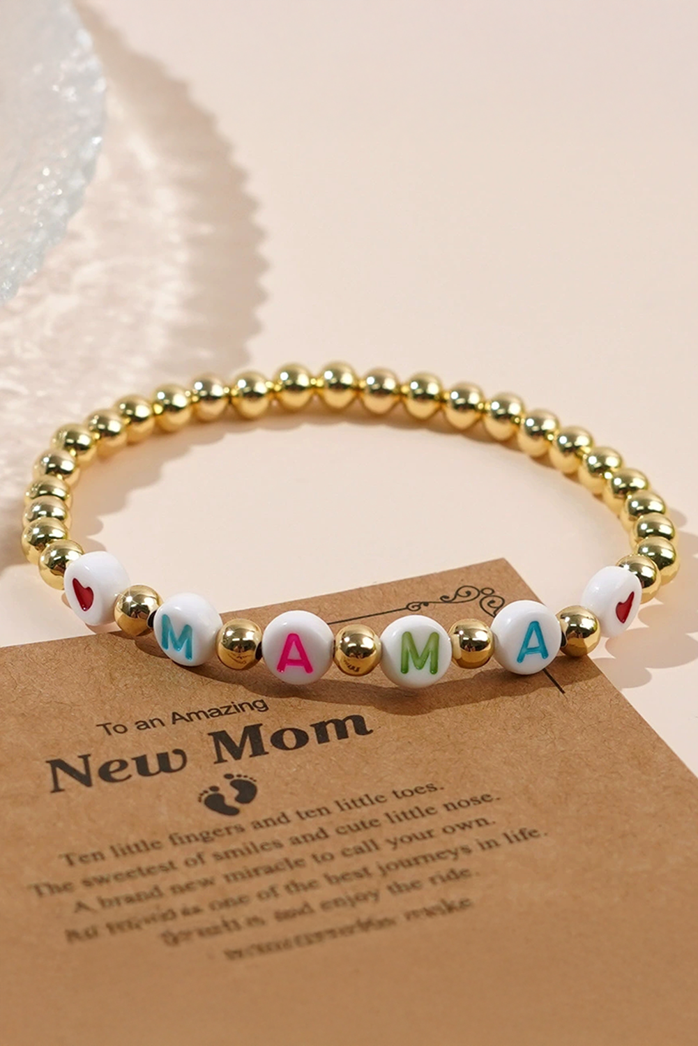 Gold MAMA Heart Beaded Elastic Bracelet