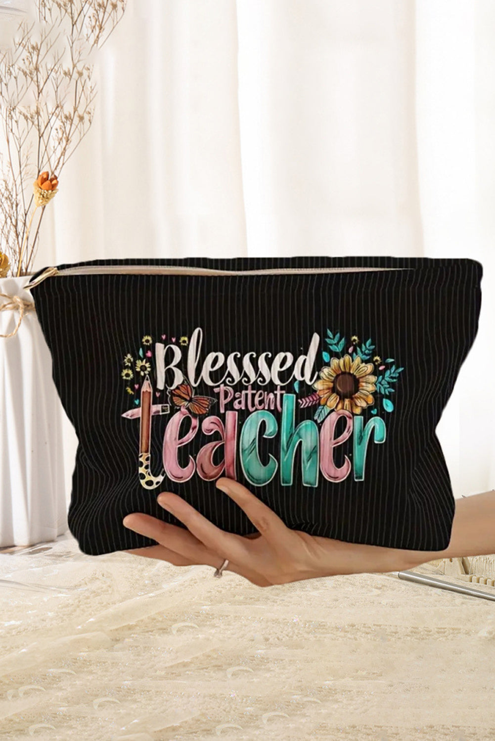 Black Blessed Teacher Flower Pencil Print Corduroy Storage Bag