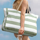 Grass Green Striped Rope Handle Canvas Large Tote Bag