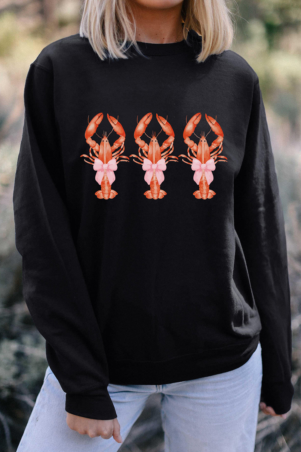 Black Cute Bow Crawfish Printed Drop Shoulder Sweatshirt