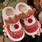 Fiery Red Christmas Cartoon Reindeer Plush Home Slippers