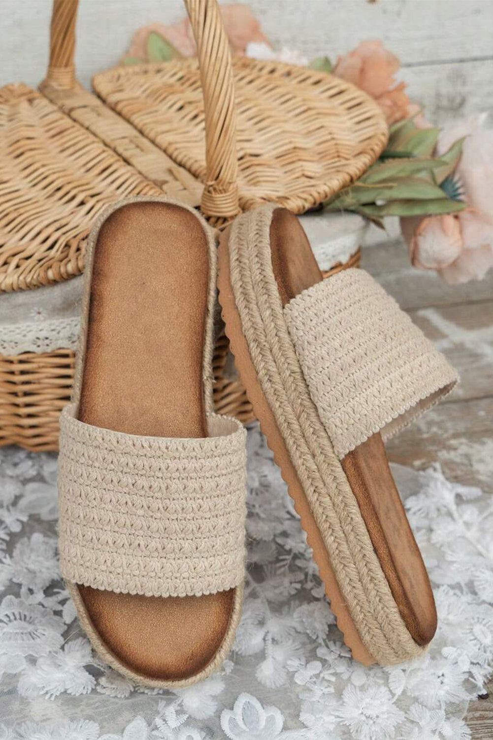 White Boho Woven Non-slip Wedge Slippers