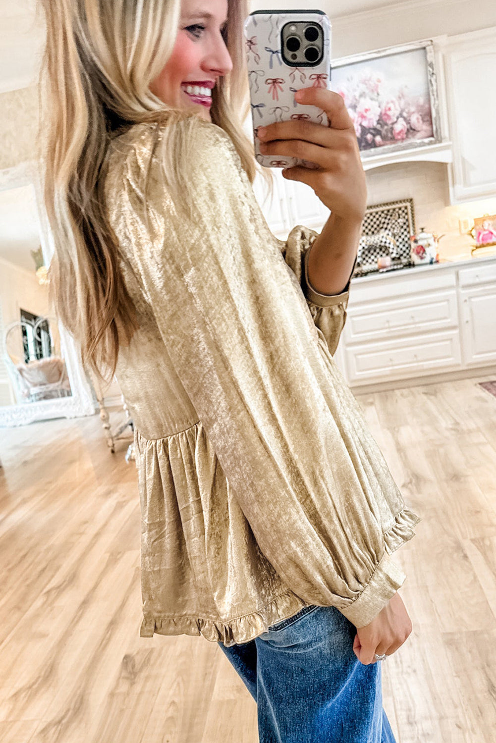 Gold Metallic Frilled V Neck Puff Sleeve Babydoll Blouse