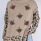 Khaki Sequin Turkey Leopard Mixed Pattern High Neck Sweater with Slits