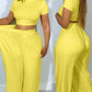 2 Piece Outfits Short Sleeve Crop Top and Strechy Waisted Ruched Wide Leg Casual Long Pants Sets