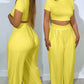 2 Piece Outfits Short Sleeve Crop Top and Strechy Waisted Ruched Wide Leg Casual Long Pants Sets