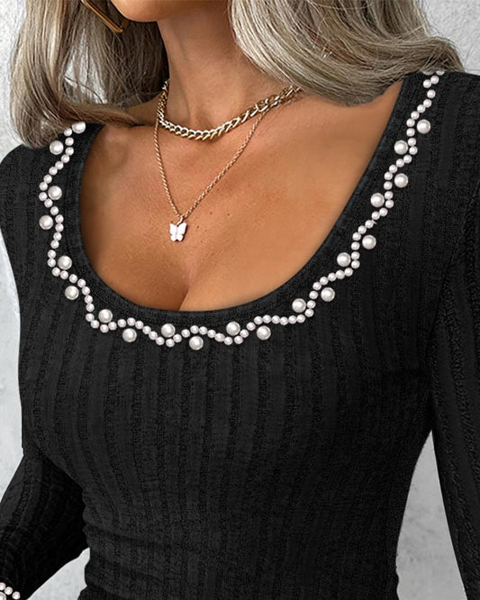 Beaded Scoop Neck Long Sleeve Ribbed Top