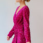 Pitaya Pink Velvet Sequin Long Sleeve V Neck Wrapped Mini Dress