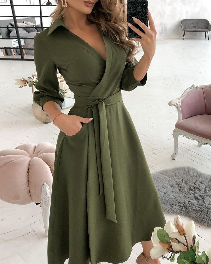 Lantern Sleeve Casual Shirt Dress