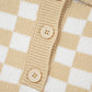 Apricot Checkered Buttons Collar V Neck Drop Shoulder Sweater