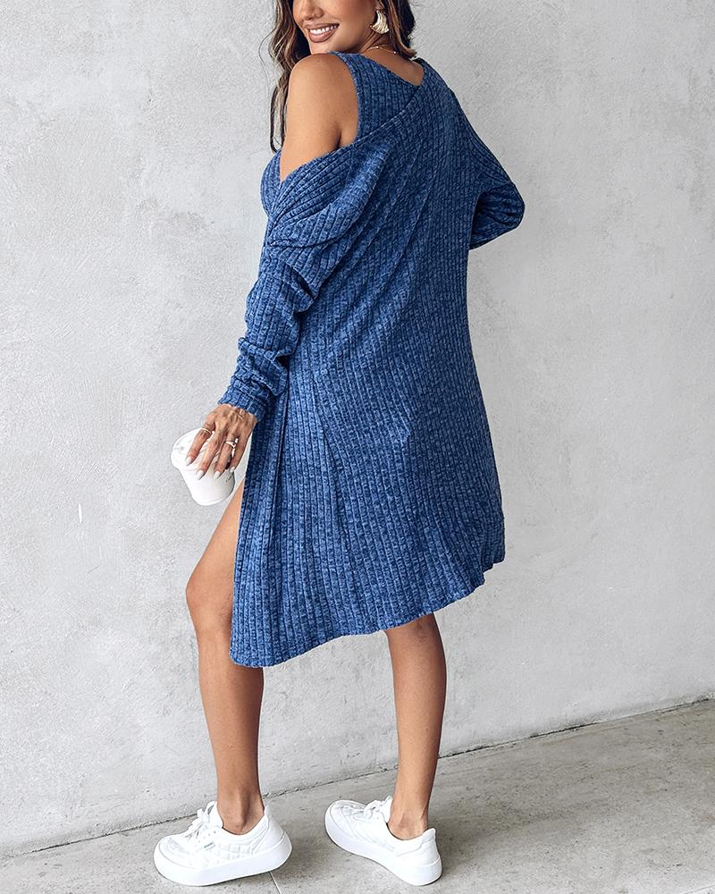 Pocket Design Buttoned Ribbed Casual Dress & Long Sleeve Open Front Coat