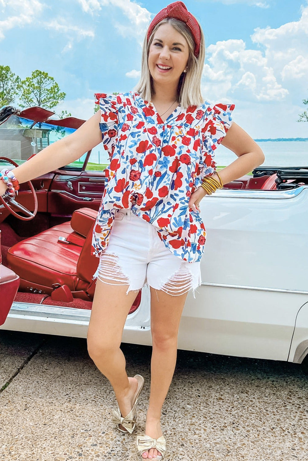 Red Flowers Pintuck Detail V-Neck Ruffled Sleeve Top