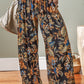 Multicolour Floral Shirred High Waist Wide Leg Pants with Tie