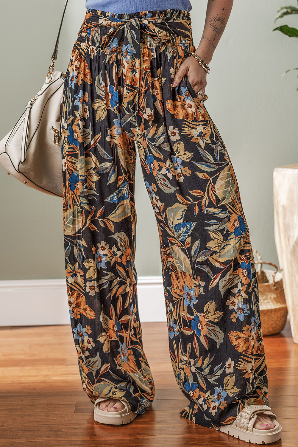 Multicolour Floral Shirred High Waist Wide Leg Pants with Tie