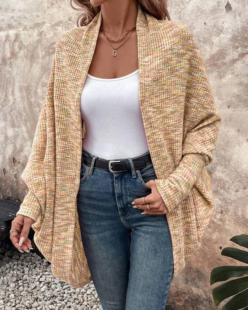 Colorful Waffle Knit Open Front Coat Batwing Long Sleeve Cardigan