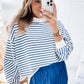 Blue Stripe Drop Shoulder Crew Neck Loose Sweatshirt