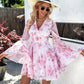 Floral Print Bell Sleeve Plunge Dress