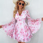 Floral Print Bell Sleeve Plunge Dress