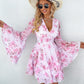 Floral Print Bell Sleeve Plunge Dress