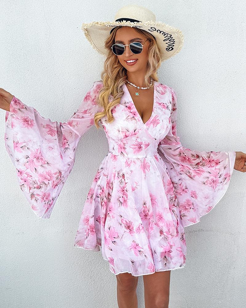 Floral Print Bell Sleeve Plunge Dress