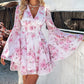 Floral Print Bell Sleeve Plunge Dress