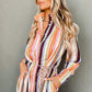 White Multicolor Striped Cuffed Sleeve Tassel Tied Shirt Maxi Dress