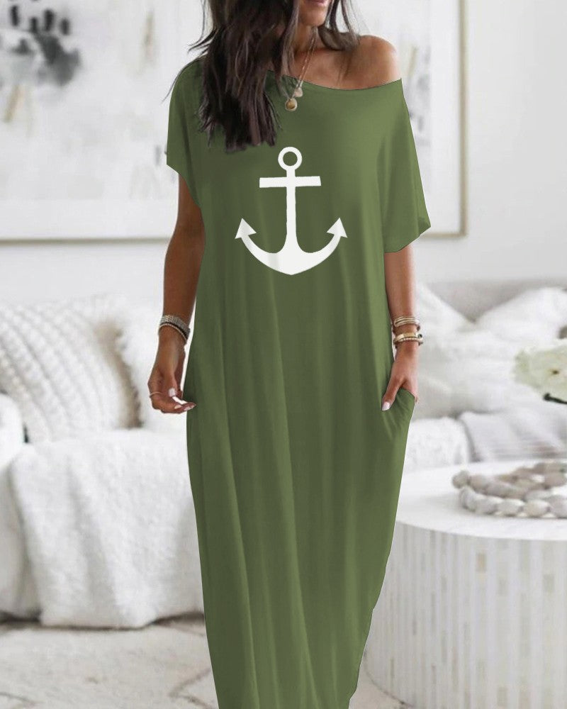 Anchor Print Cold Shoulder Short Sleeve Dress Casual Pocket Design Loose Fit Maxi Dress