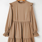 Light French Beige Frilled Collar Ruffled Shoulder Tiered Dress