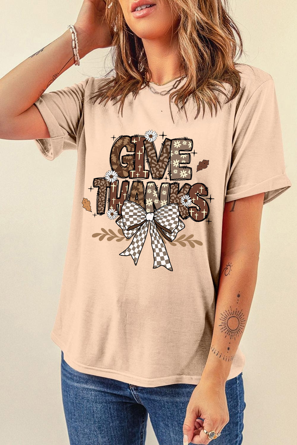 Khaki GIVE THANKS Bowknot Printed Crewneck T Shirt