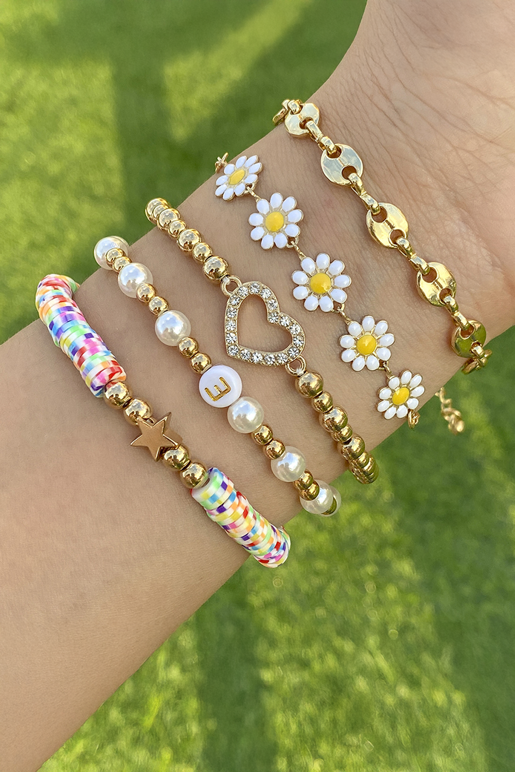 Gold Daisy Heart Pearl Beaded Multi Layer Bracelet