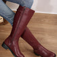 Burgundy Side Zipper Knee High Chunky Low Heel Boots