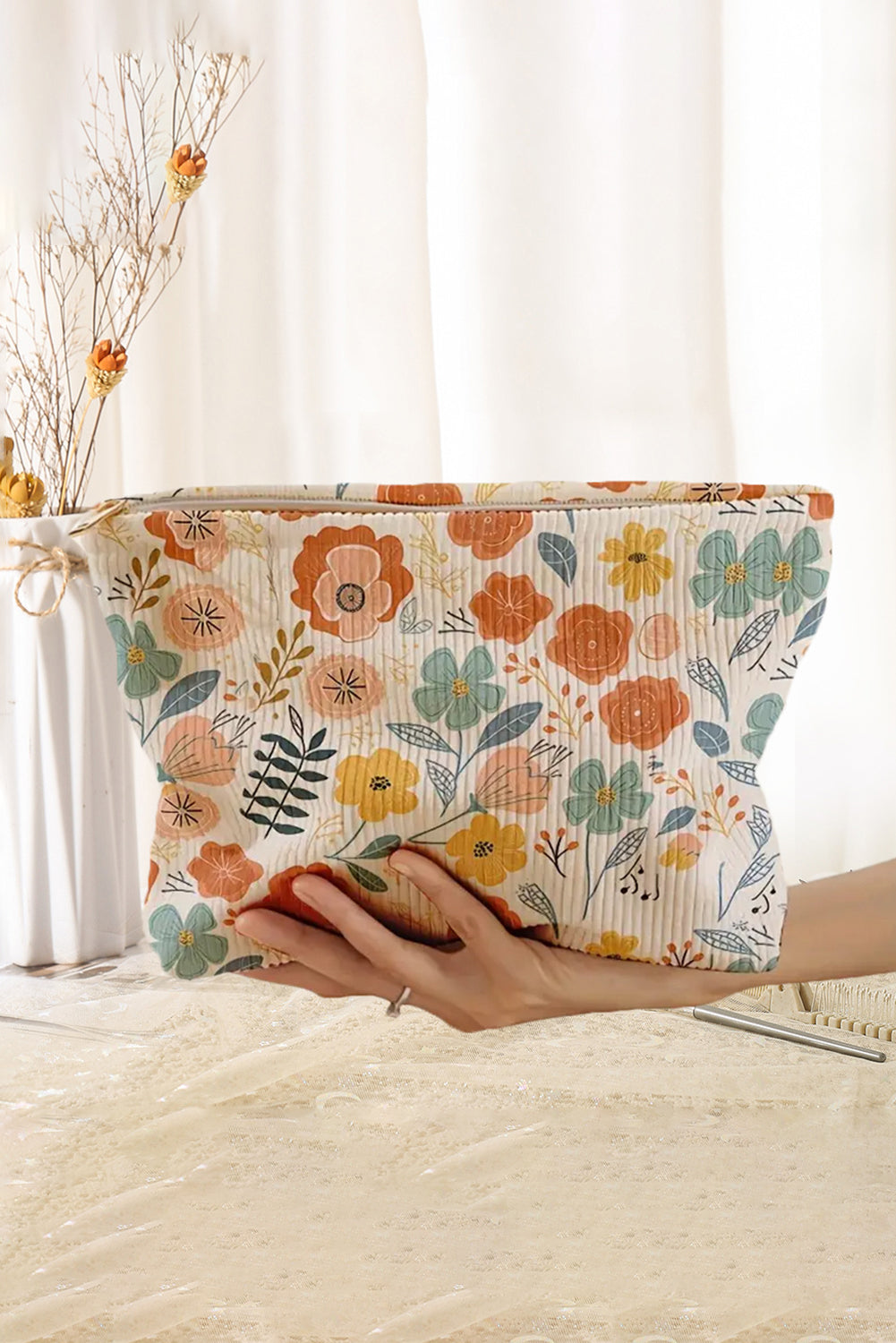 White Floral Print Zipper Corduroy Cosmetic Storage Bag