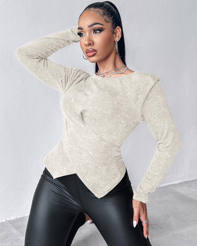 Glitter Round Neck Long Sleeve Crisscross Top