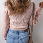 Gossamer Pink Openwork Plaid Puff Sleeve Cropped Sweater