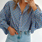 Sky Blue Abstract Print Shirred Cuff Buttoned Oversized Shirt