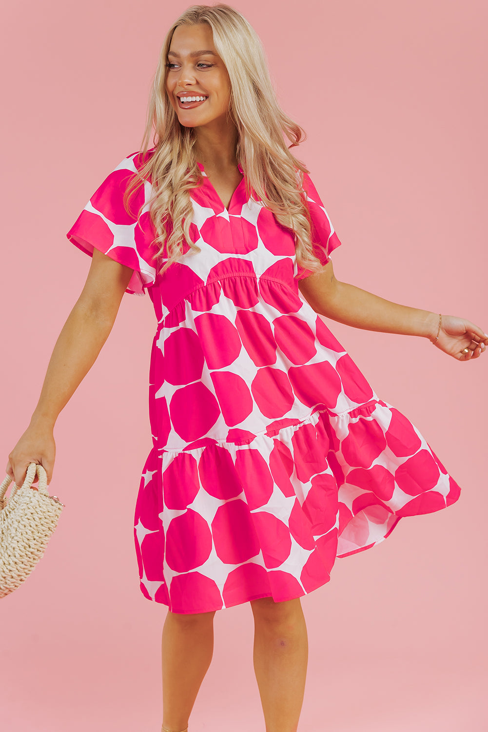 Rose Polka Dot Flutter Sleeve Notched Neck Tiered Flowy Dress