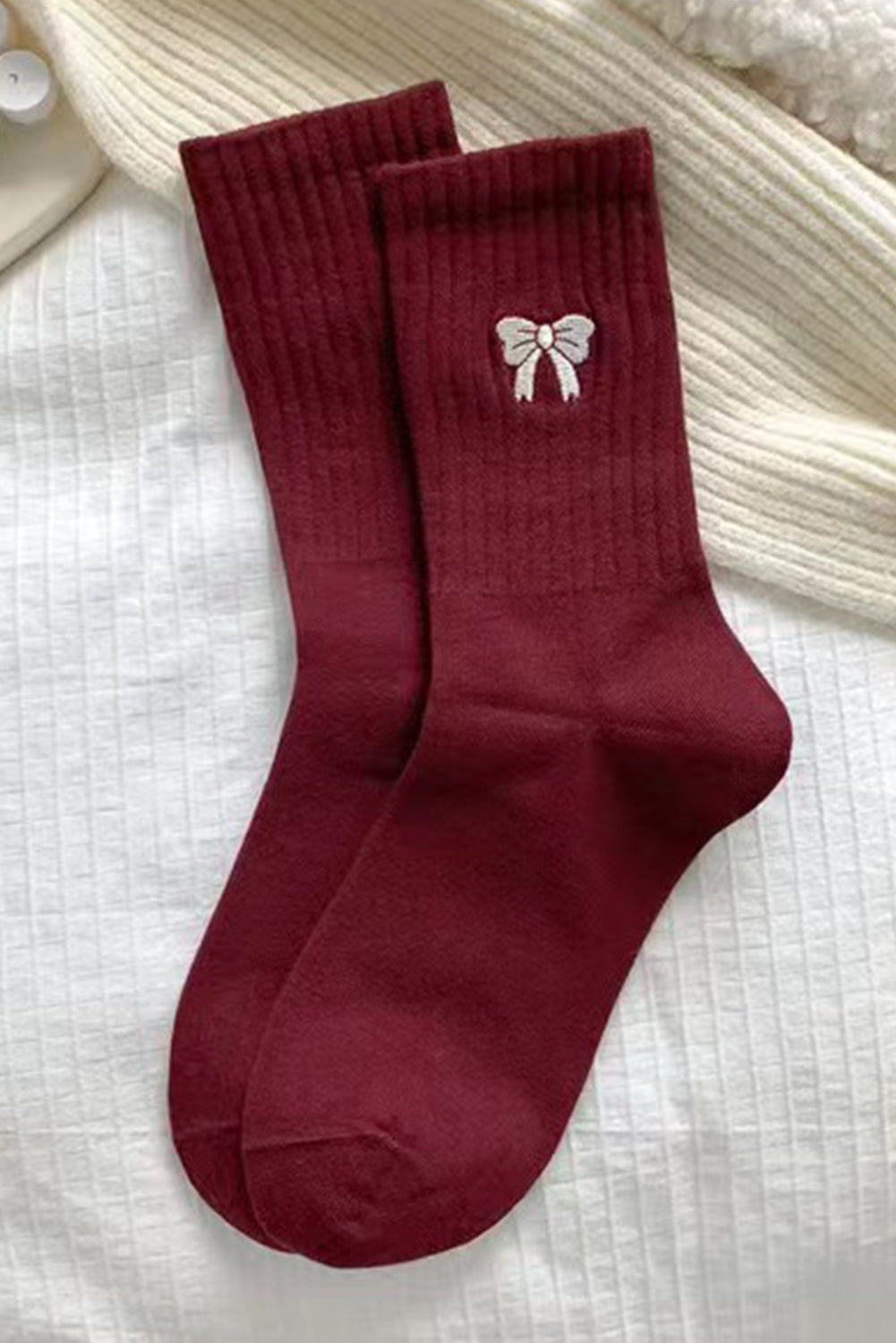 Fiery Red Embroidered Bowknot Ribbed Crew Socks