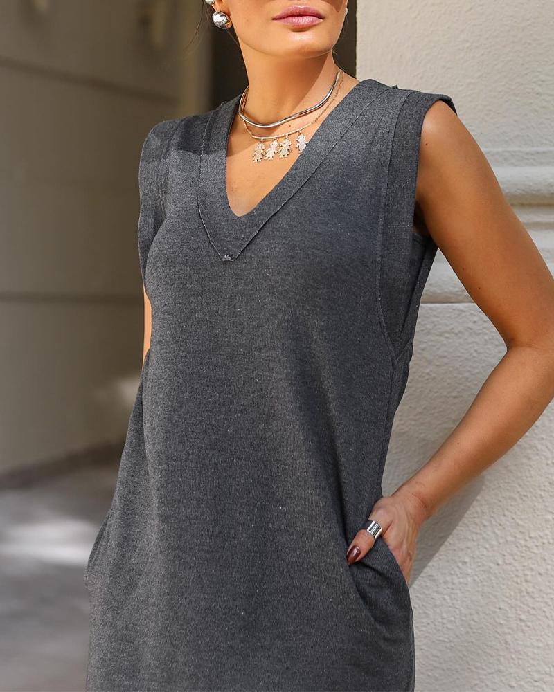 V Neck Pocket Design Slit Casual Dress