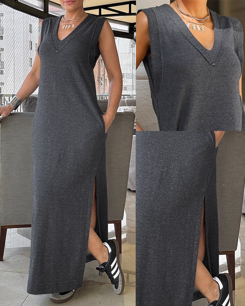 V Neck Pocket Design Slit Casual Dress