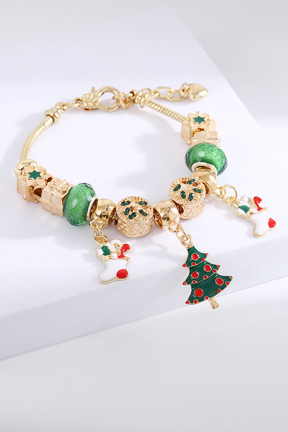 Green Christmas Pendant Adjustable Plated Beaded Bracelet