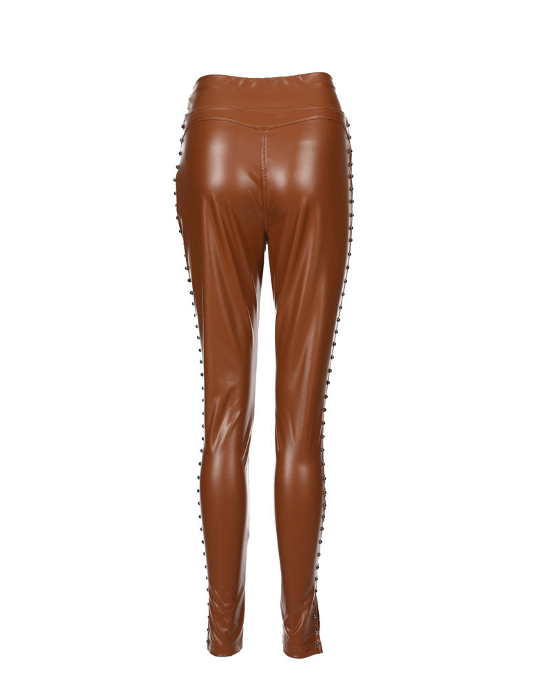 Studded Tied Detail PU Leather Slim Fit Side Sllit High Waist Pants Elegant Pants