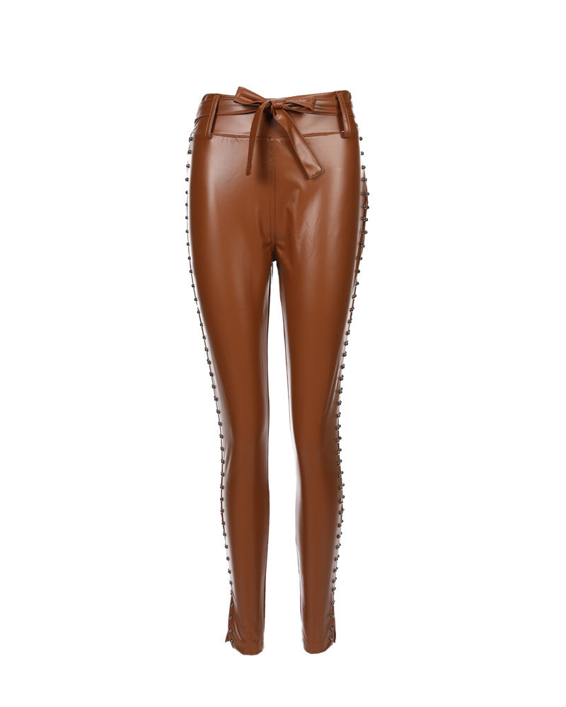 Studded Tied Detail PU Leather Slim Fit Side Sllit High Waist Pants Elegant Pants