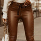 Studded Tied Detail PU Leather Slim Fit Side Sllit High Waist Pants Elegant Pants