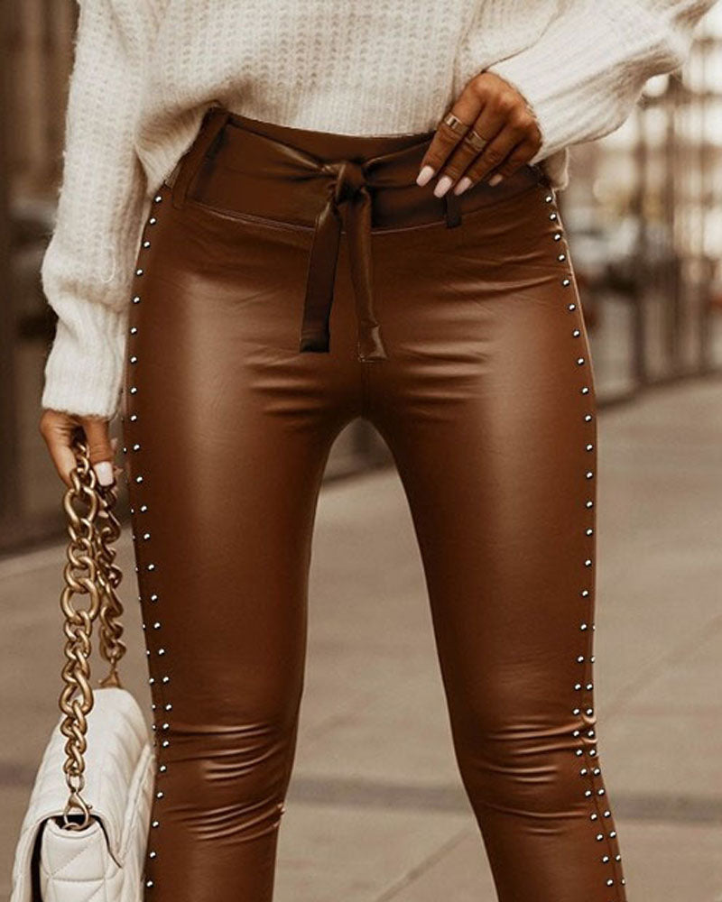 Studded Tied Detail PU Leather Slim Fit Side Sllit High Waist Pants Elegant Pants