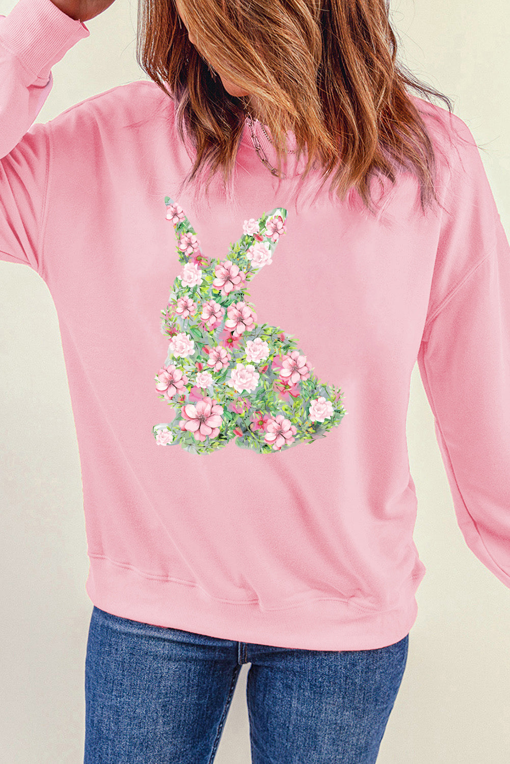 Pink Floral Bunny Printed Crewneck Easter Fashion Sweatshirt