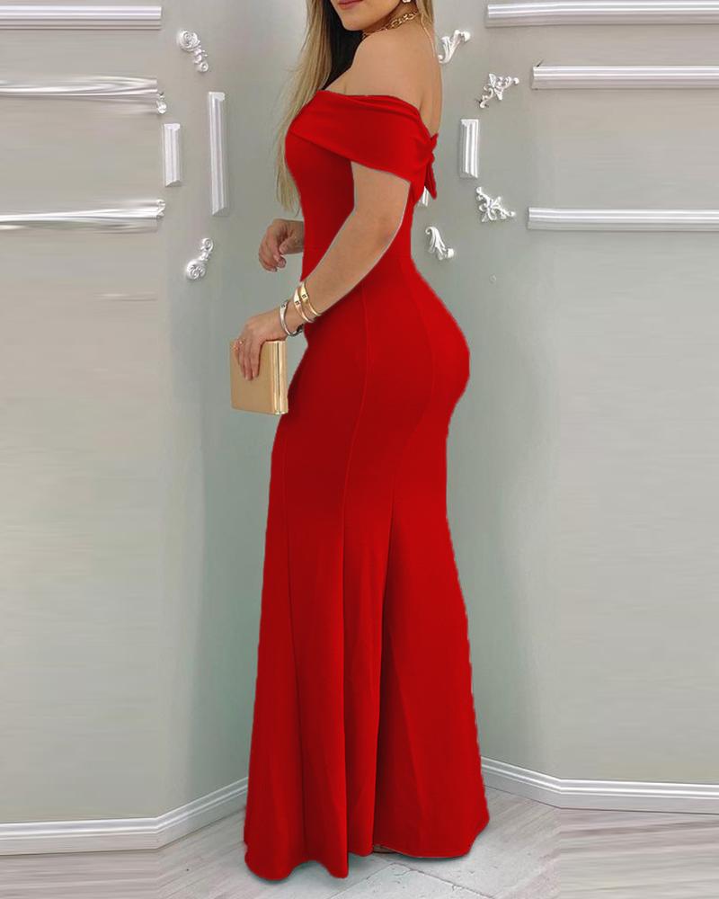 Off Shoulder Ruffle Hem Maxi Evening Dress